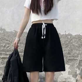 Summer New Loose High Waist Slimming Black Wide-leg Sports Shorts For Women (Option: Black-2XL)